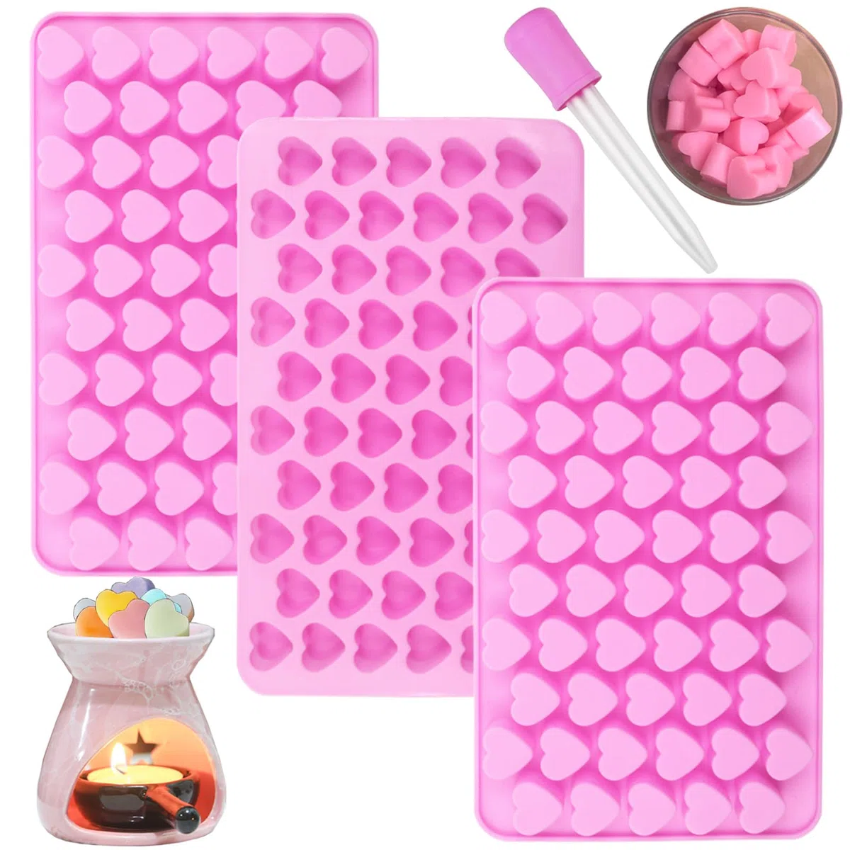 Moldes de silicona para derretir cera, paquete de 3 mini moldes de corazón con cuentagotas, molde de silicona para caramelos de corazón, gomitas, chocolate, cubitos de hielo, gelatina, jabón, vela