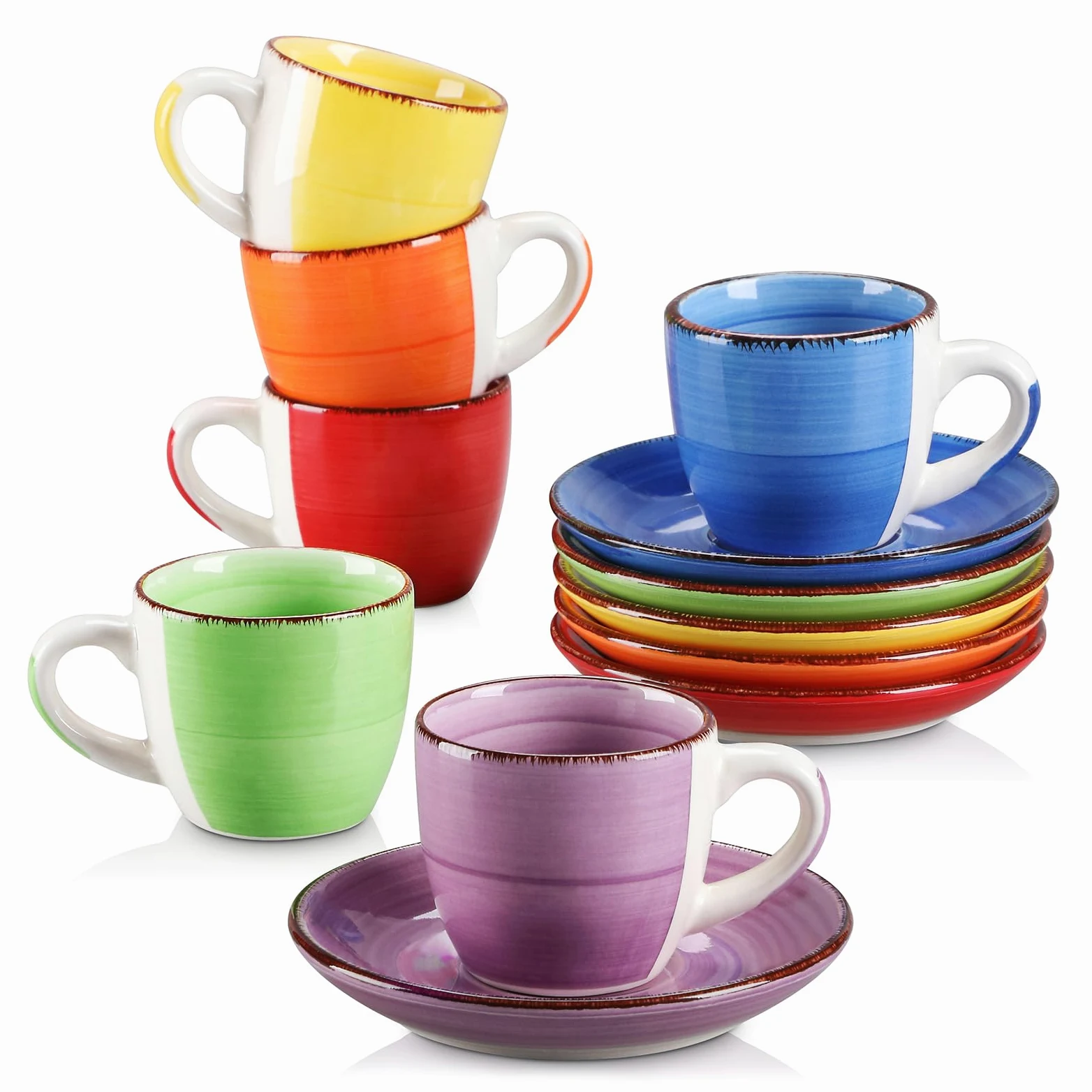 vancasso Cuenco de cerámica, Juego de Tazas vancasso BONITA 12 piezas, Tazas de Espresso, Servicio de Café para 6 personas, Juego de Tazas, platillos, Estilo Arcoíris