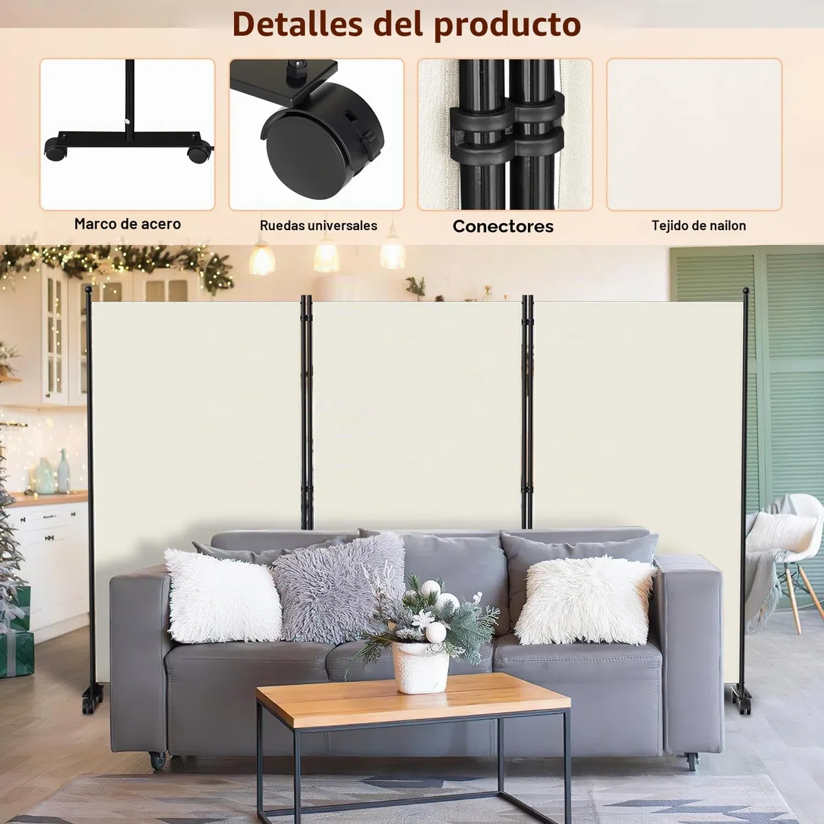 Ikodm Biombo para exterior con ruedas, 3 piezas, 263 x 181 cm, resistente a la intemperie, para exterior y oficina, color beige