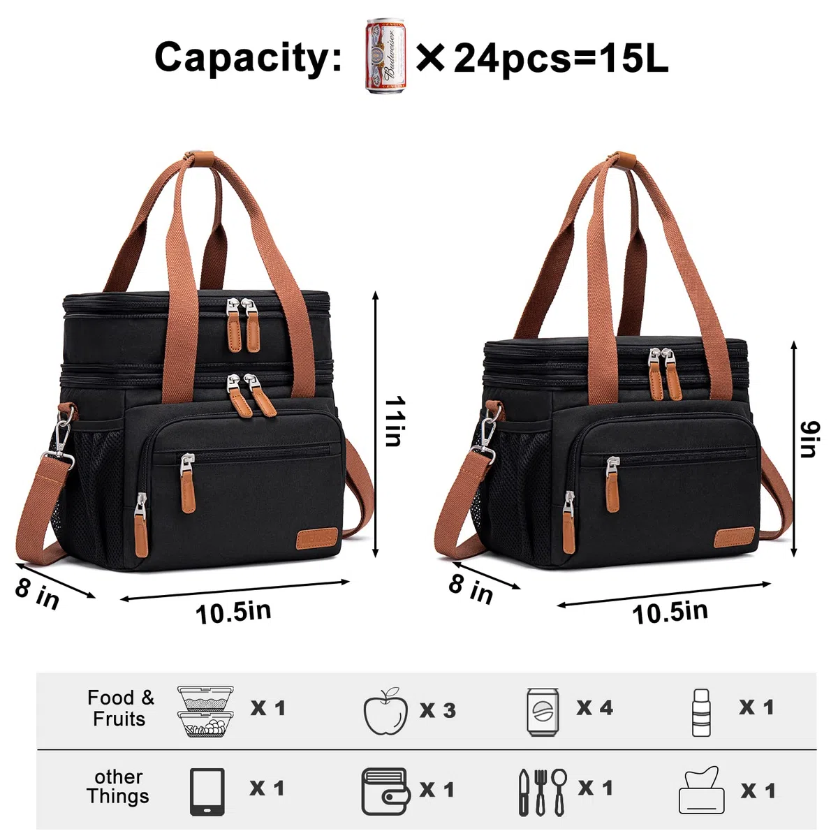 Weitars Fiambrera aislada para mujeres y hombres, doble compartimento impermeable, reutilizable, gran bolsa de almuerzo para niñas y niños, bolsa de nevera para trabajo, picnic, senderismo (15 L),