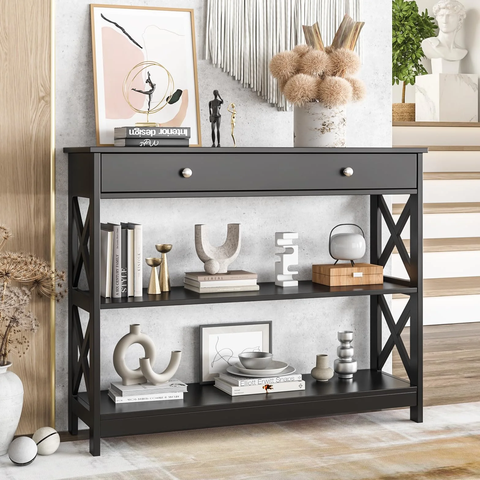 GIANTEX Mesa de Consola de 3 Niveles con Cajón y 2 Estantes Abiertos, Mesa de Entrada con Kit Antivuelco, 100 x 30 x 80 cm, Estantería de Almacenamiento para Salón, Pasillo (Negro)