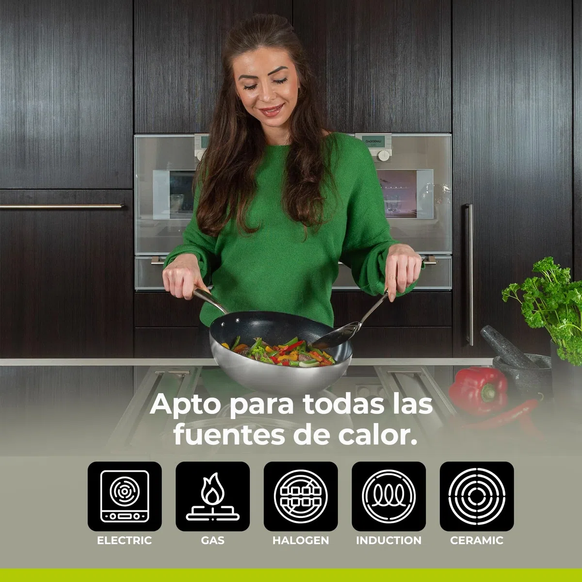 Be Living Sartén wok de acero inoxidable – Ø 28 cm – cerámica – inducción – sin PFAS, antiadherente – sartén con tapa – serie Essential