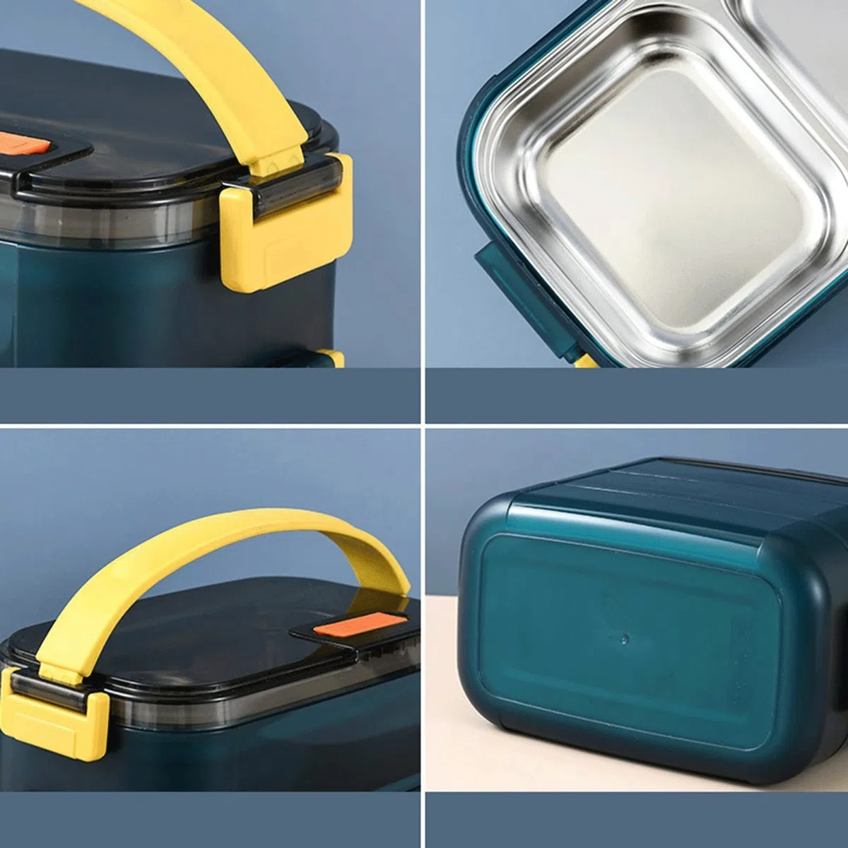 Fiambrera de acero inoxidable calentada de doble capa para microondas con compartimento aislante para refrigerios (color: azul)