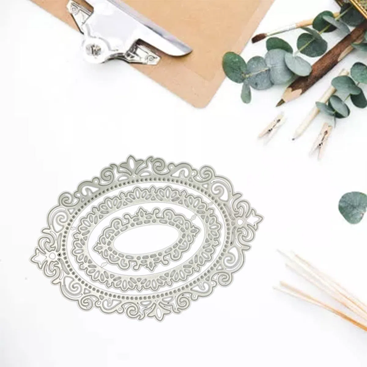 Marco de fotos creativo troquelado ovalado con borde de encaje, plantilla para álbumes de recortes, tarjetas de papel, arte C, marco de fotos, recortes de metal, plantillas de corte ovaladas para