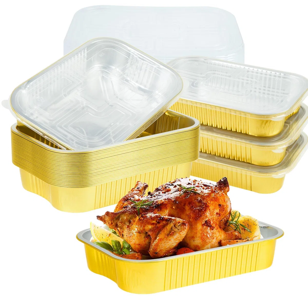 Paquete de 30 sartenes de papel de aluminio de 9 x 13 pulgadas con tapas, tamaño medio, extra resistentes, de papel de aluminio dorado, contenedor de alimentos de doble grosor con tapas para