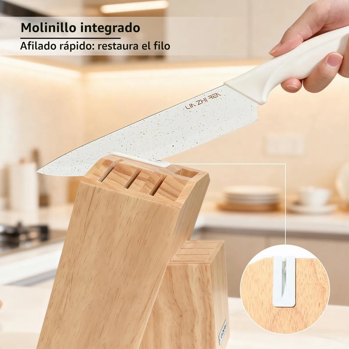 Juego de 13 Cuchillos de Cocina con Bloque y Afilador Integrado | Acero Inoxidable | Mango Ergonómico Antideslizante | Apto para Lavavajillas | Color Blanco