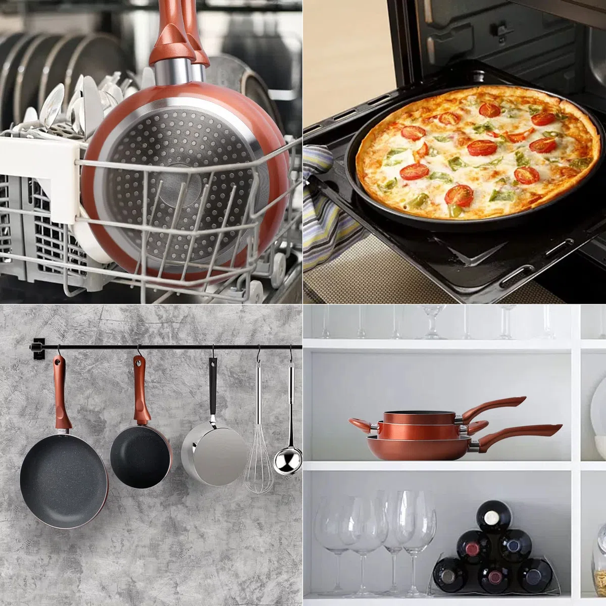 Juego de 6 ollas y sartenes antiadherentes, sartenes antiadherentes, ollas de cocina con tapas de vidrio ventiladas, color cobre