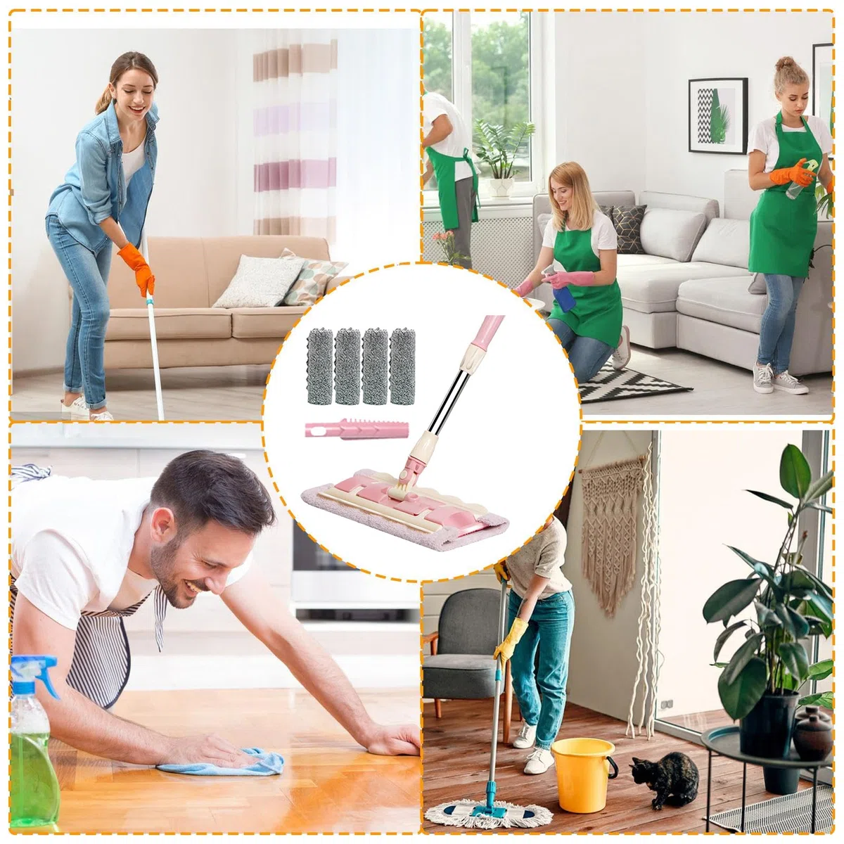 Mopa Plana Mango Telescópico Giratorio 360 Grados Con Raspador De Polvo | Mopa para seco y húmedo con 4 almohadillas lavables Raspador Incluido, Limpiador Para Suelos De Cocina, Baño, Garaje, Pati