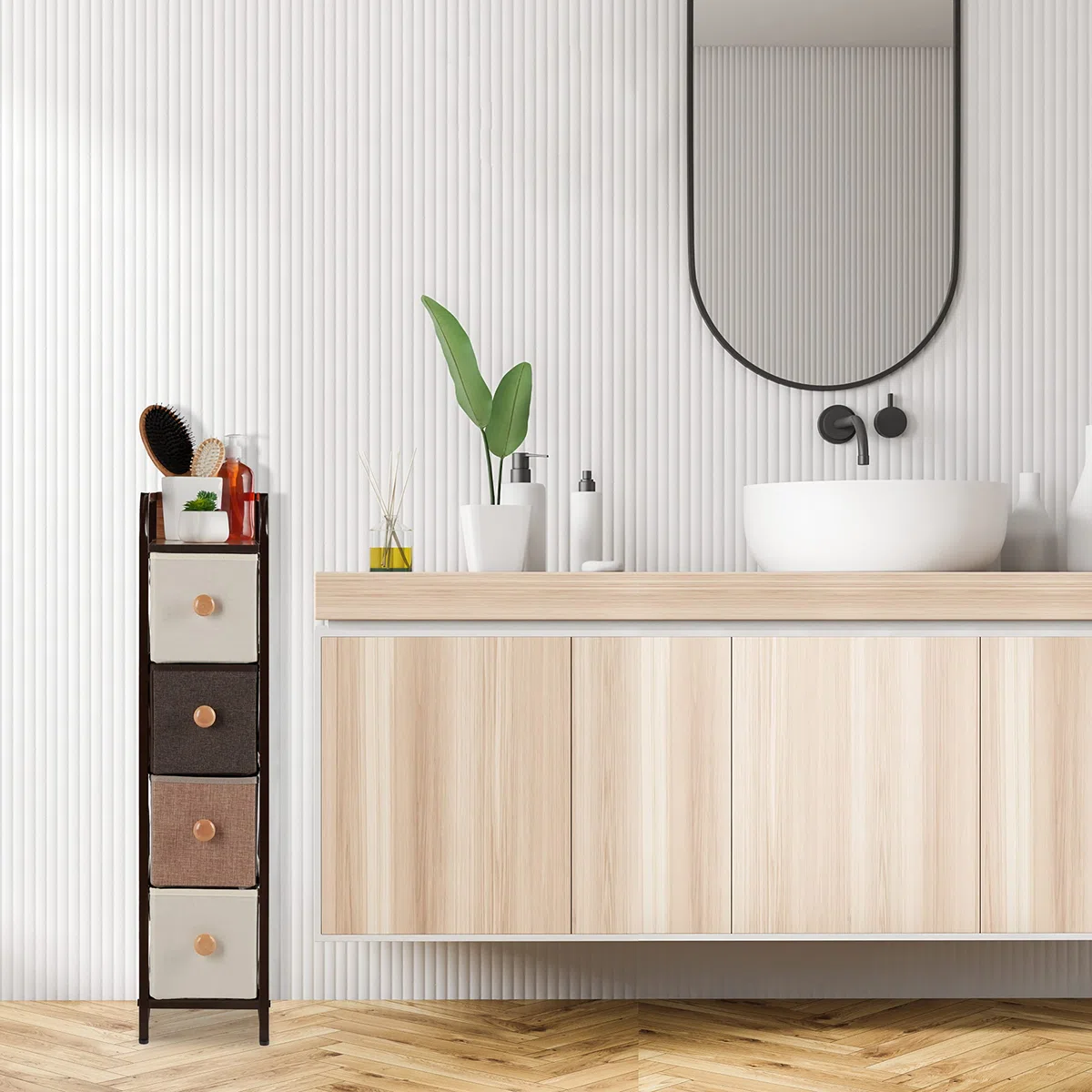 Relaxdays Mueble Modular, 4 Cajones deslizantes, Balda, Cestas Plegables, Cómoda de Tela, 84,5 x 20 x 49,5 cm, Marrón