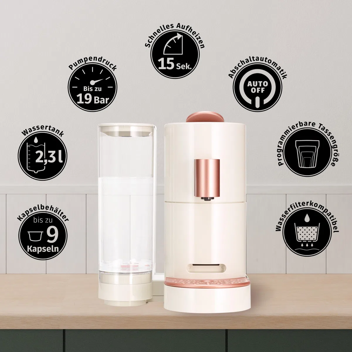K-FEE TWINS II Máquina de cápsulas para café, té y cacao, cafetera para tazas grandes, calentamiento rápido, depósito de agua de 2,3 litros, 19 bar, beige, oro rosa