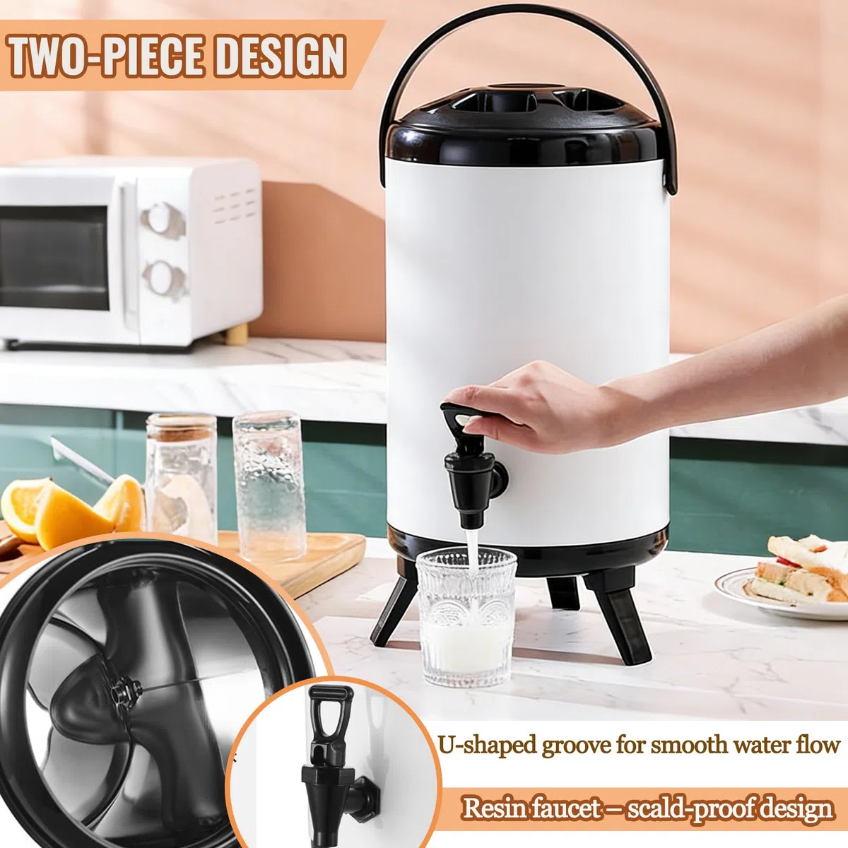 Dispensador de bebidas aislado, servidor de bebidas frías y calientes con espiga sin goteo, mango portátil, base de trípode para catering, fiestas, café, té
