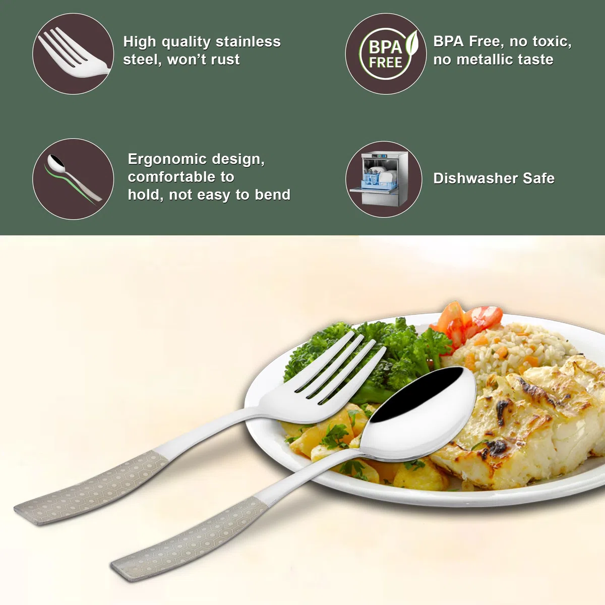 Parage Juego de cubiertos de acero inoxidable de 12 piezas de alta calidad para el hogar y la cocina, vajilla de comedor de lujo, cuchara y tenedor, juego de chammach láser, diseño plateado