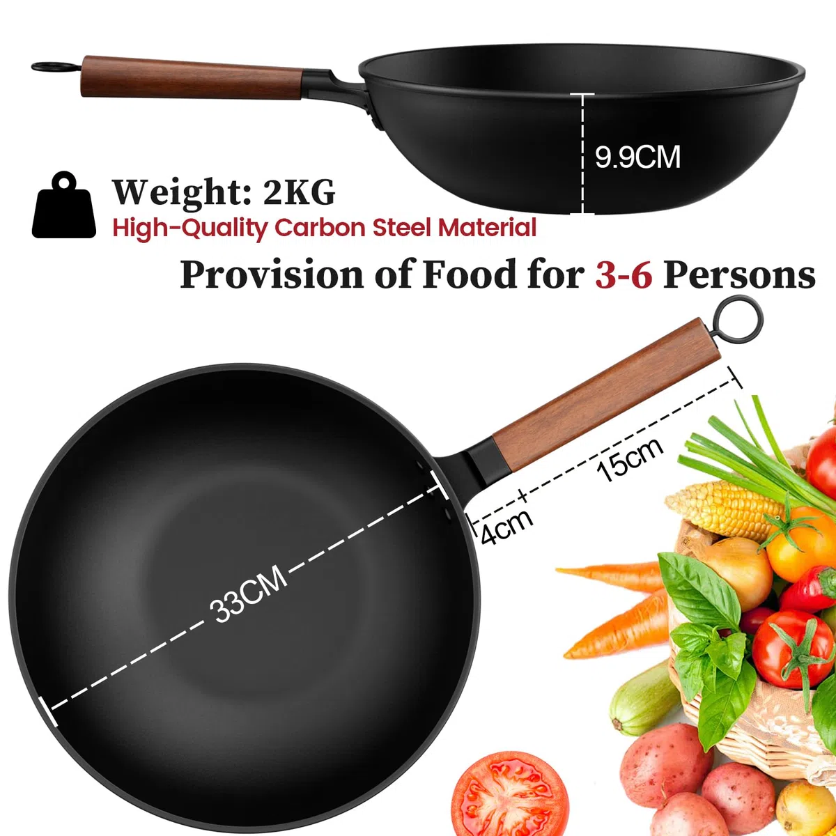 Jobin 33cm/13inch Wok de Acero al Carbono Premium con Tapa de Vidrio - Wok sin Revestimientos Químicos para Cocina Asiática, Compatible con Inducción, Gas, Vitrocerámica y Placas Eléctricas
