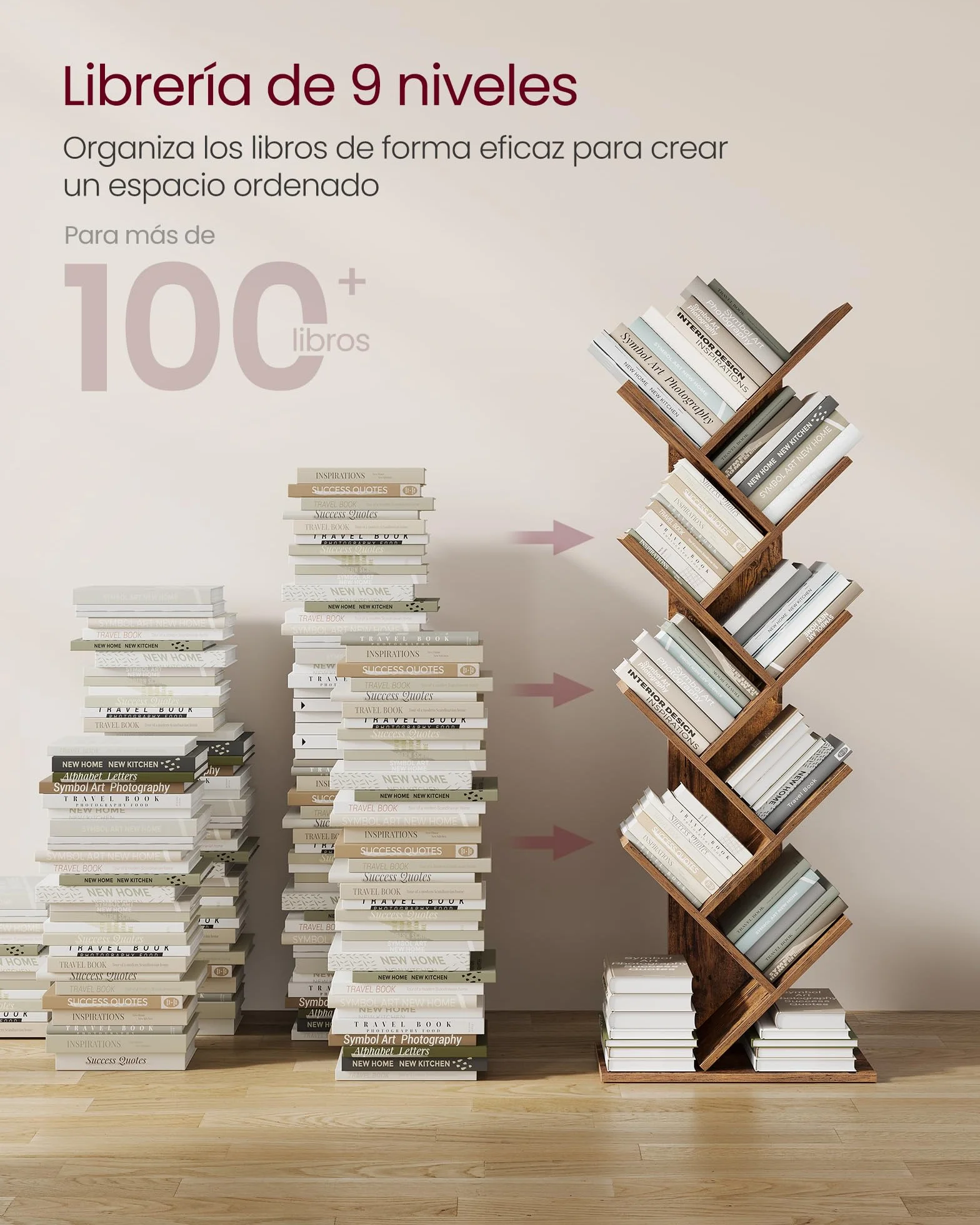 VASAGLE Librería en Forma de Árbol, Biblioteca de 9 Niveles, Ahorro de Espacio, Estantería Vertical, para Dormitorio, Sala de Estar, Estudio, Oficina, Marrón Rústico LBC11BX