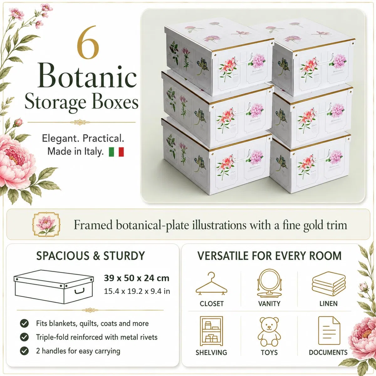 Lavatelli Set de 6 Cajas de Armario con Tapa – Organizadores de Cambio de Temporada en Cartón 39x50x24 cm Botanic – Made in Italy, Resistentes, Fáciles de Montar, con Asas