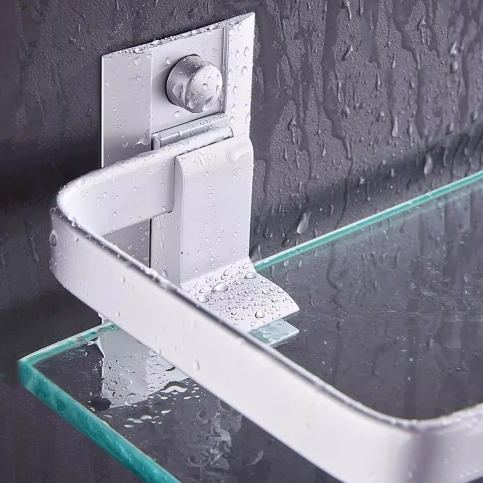 LUUYYI Estante de baño de cristal, estante de ducha de vidrio de 15.7 pulgadas con riel de aluminio, estante de ducha flotante sin taladrar, moderno estante de baño montado en la pared, estantes