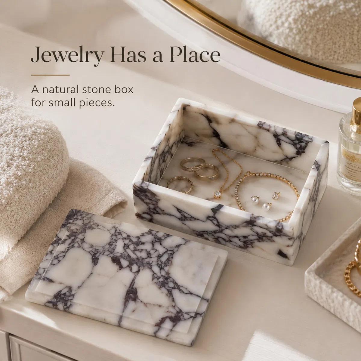 Caja de almacenamiento de mármol de lujo con tapa, patrón de venas blancas y moradas, organizador decorativo para brochas de maquillaje, joyas, accesorios de baño (rectangular)