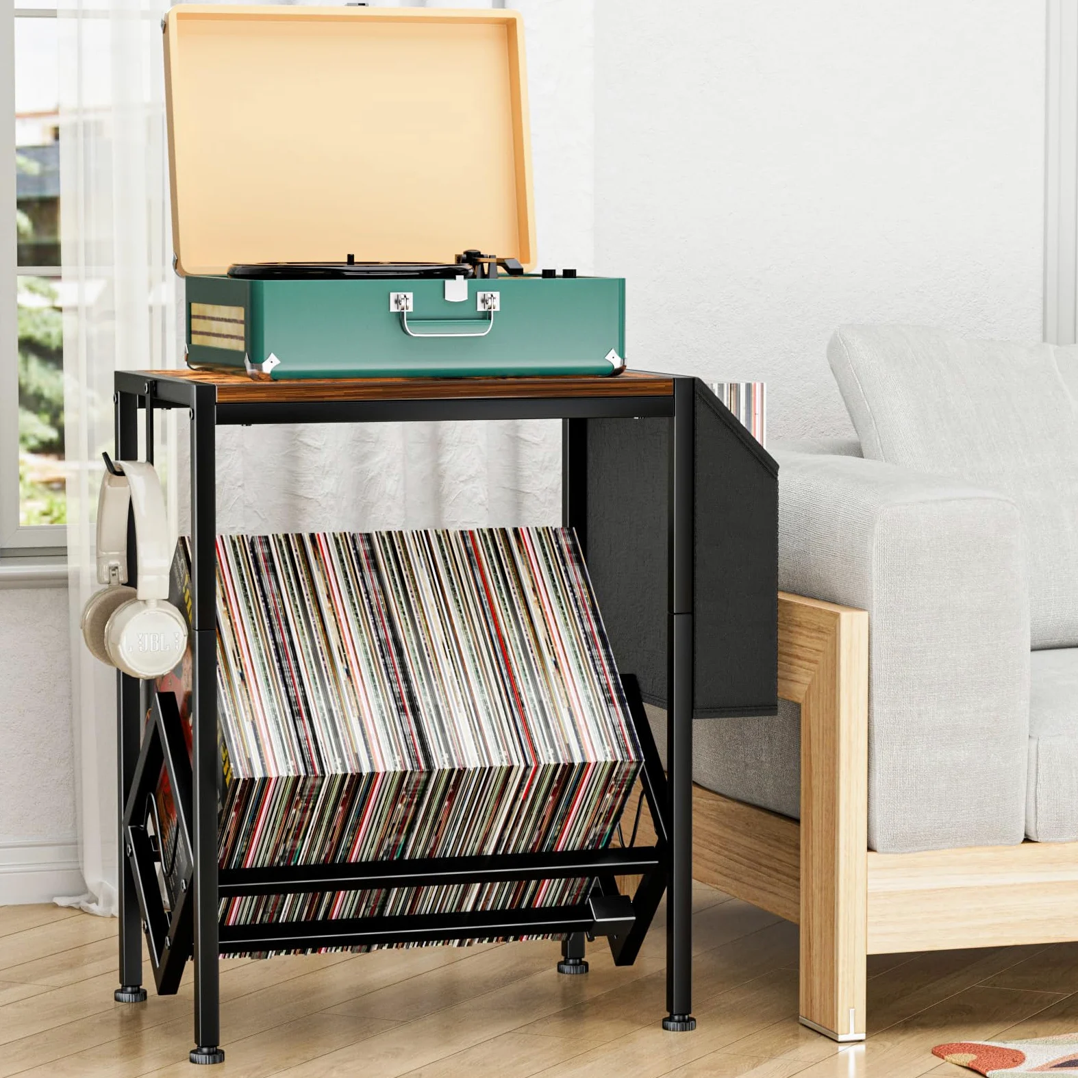 EKNITEY Soporte para tocadiscos de vinilo, mesa para tocadiscos con capacidad de almacenamiento para 80 álbumes, soporte giratorio con bolsillo organizador y ruedas