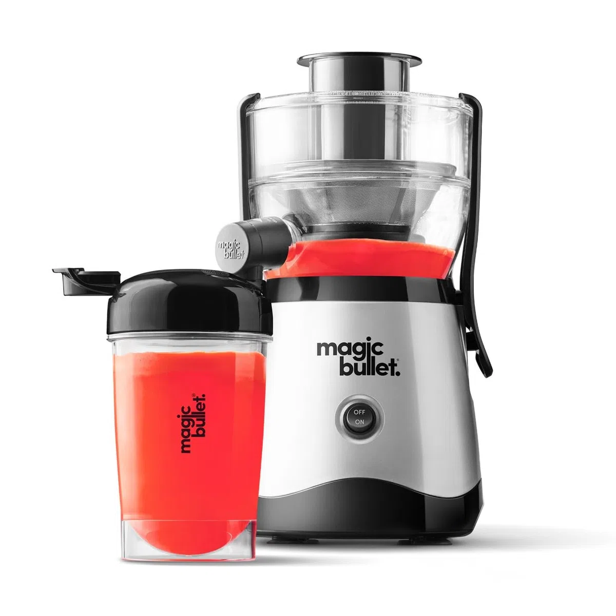 Nutribullet Magic Bullet Exprimidor centrífugo de silicona y acero inoxidable, 400 W, juego de 10 piezas, 470 ml, color negro, diseño compacto y apto para lavavajillas, jugo sobre la marcha en dos