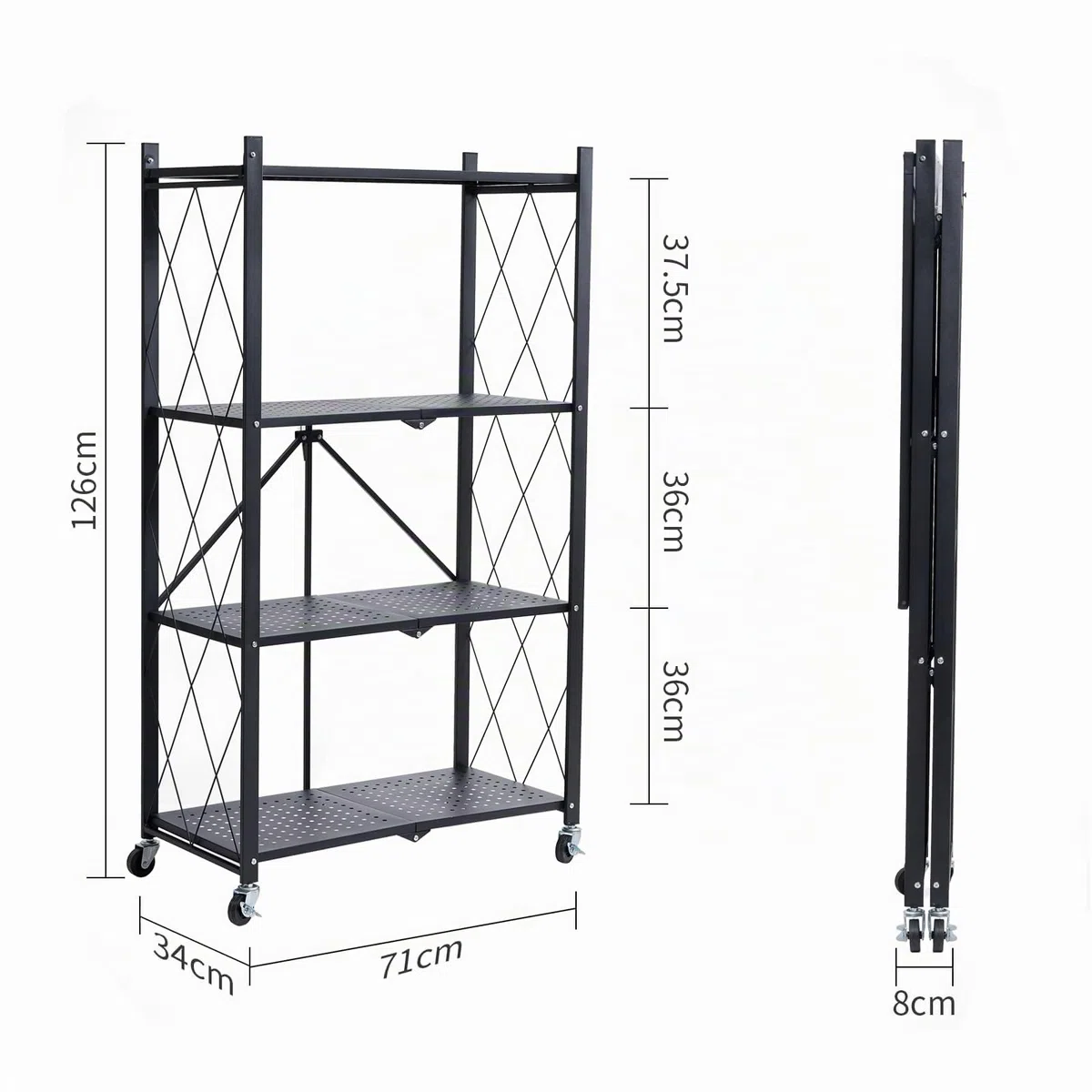 BRIAN & DANY Estanteria Plegable con Ruedas 4 Niveles, Negro Estante de Almacenaje Plegables de Metal, Carga Pesada Estante Plegable para Cocina, Oficina, Garaje, 71 x 34 x 126 cm