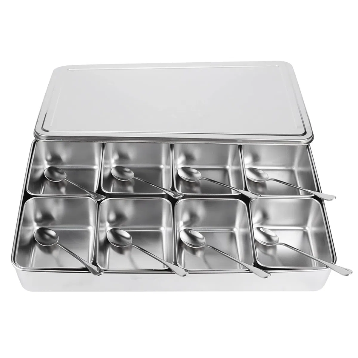 Akozon Caja de Condimentos de Aleación de Aluminio de 8 Rejillas, Contenedores de Almacenamiento de Condimentos Multiusos, Organizador de Tarros de Especias con Cuchara para