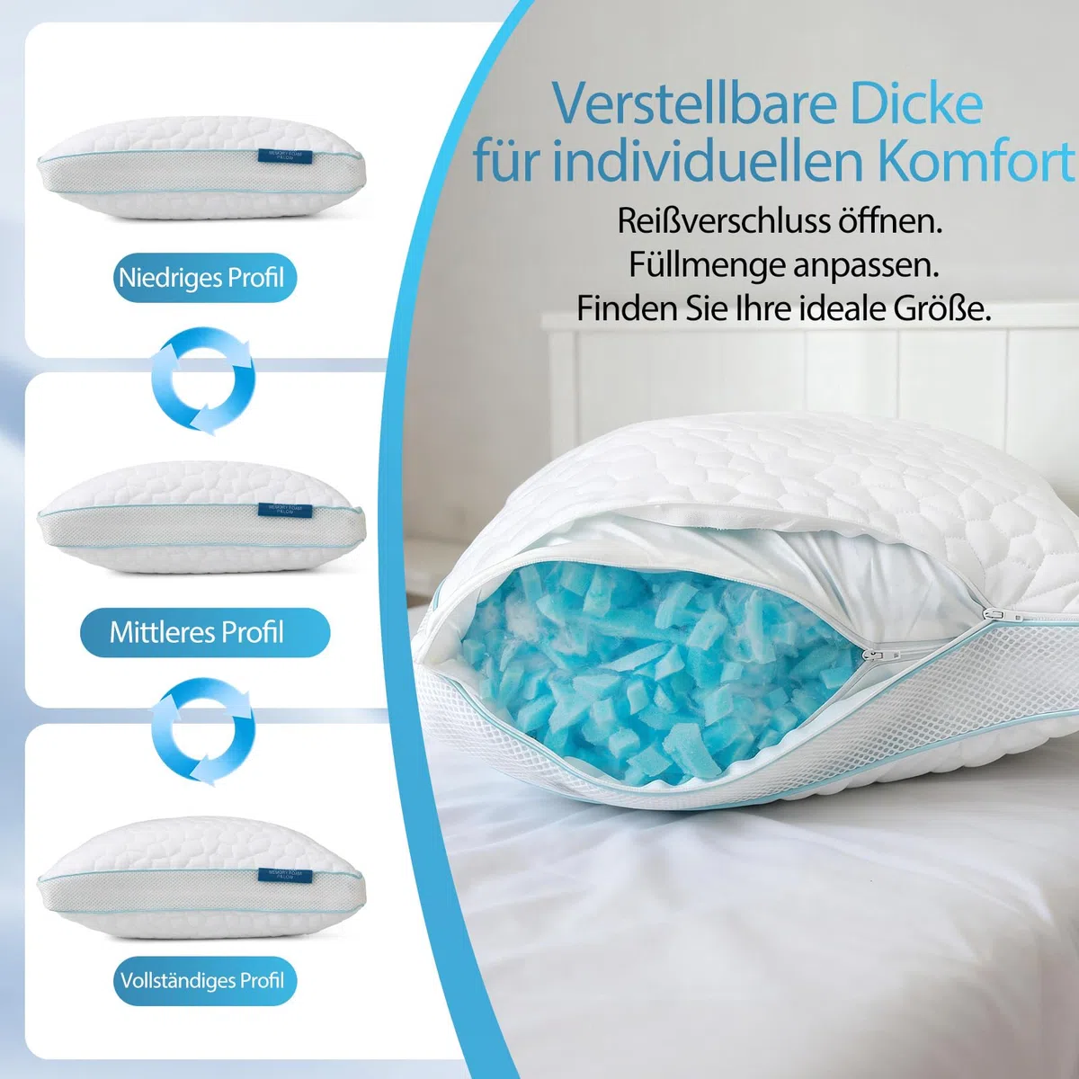 Shredded - Juego de 2 almohadas de espuma viscoelástica, altura ajustable y firmeza ajustable, funda de viscosa de bambú, transpirable y lavable, almohada ergonómica para dormir de lado, espalda y