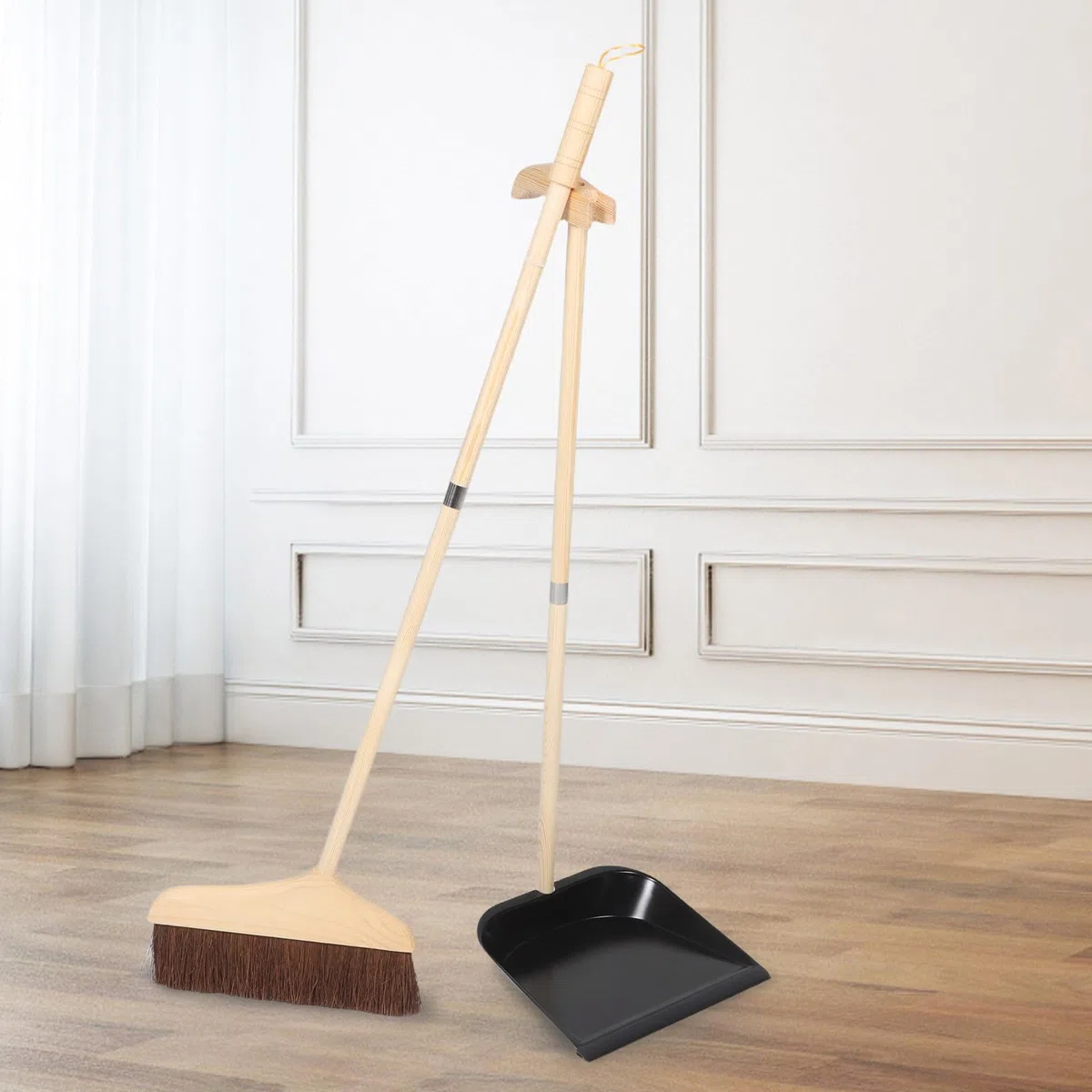 GALPADA Juego de Escoba y Recogedor Mango Desmontable de Madera y Cerdas Suaves para Limpieza Diaria del Hogar y Suelos, Herramienta y Cómoda