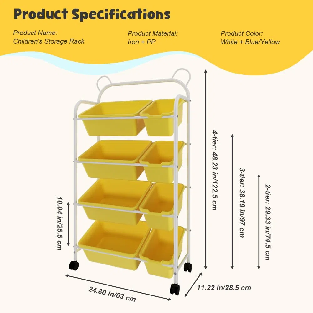 Organizador de Juguetes Infantil con Ruedas, 8 Cajas Amarillas Extraíbles, 4 Niveles, 63x28.5x122.5cm, Diseño de Orejas de Oso, Almacenamiento para Habitación Infantil (4 Tier)