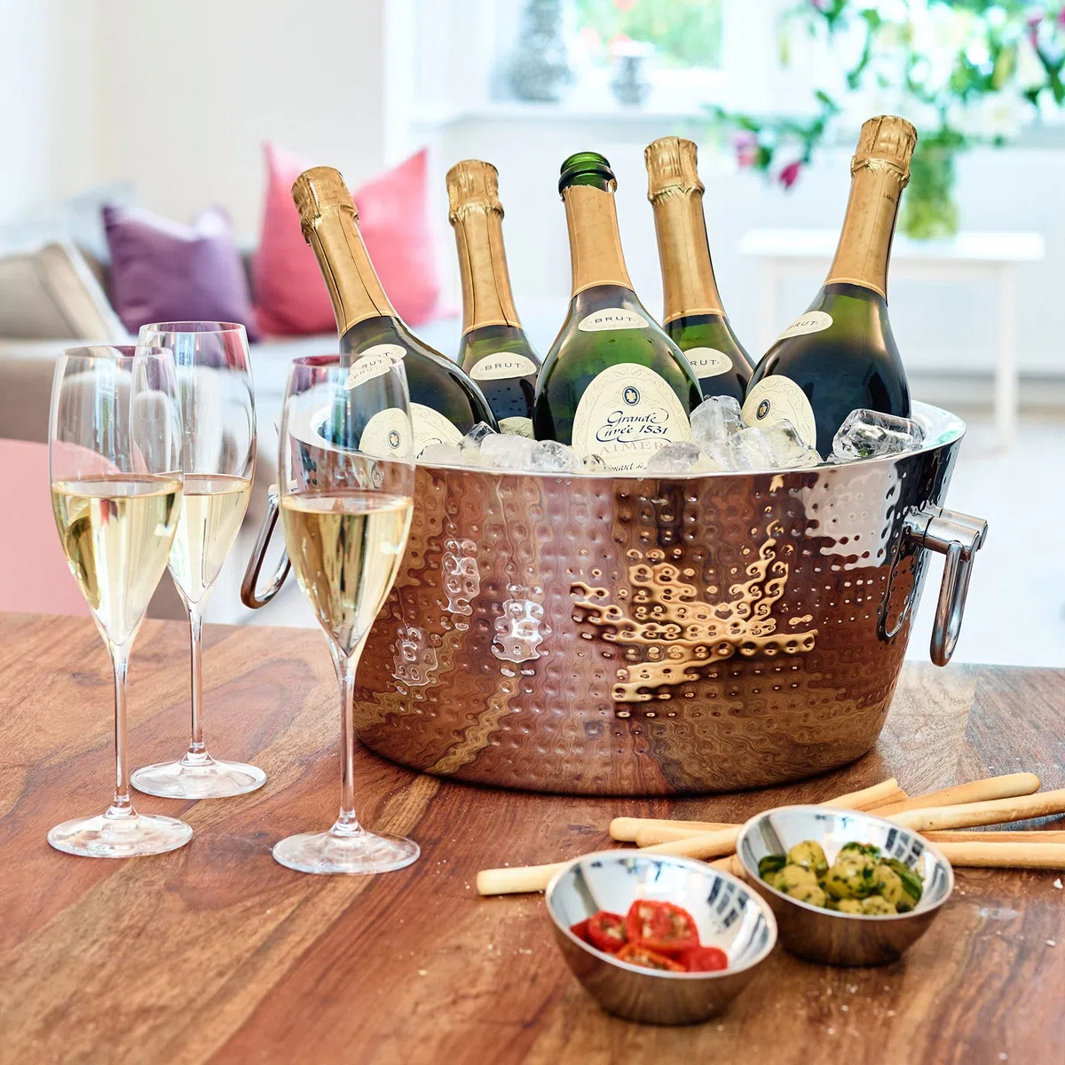 EDZARD Champanera Ontario (Ø 38 cm, H 18 cm), acero inoxidable de doble pared, martillada, con asas, para 5 botellas – enfriador de cava grande, enfriador de botellas