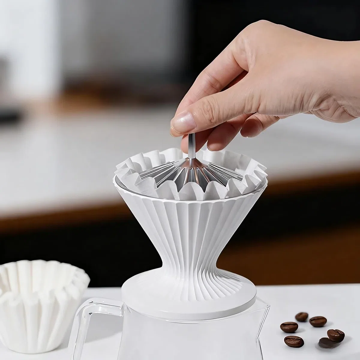Prensatelas de metal para filtro de café, soporte para cesta de papel, para verter sobre café (plateado)