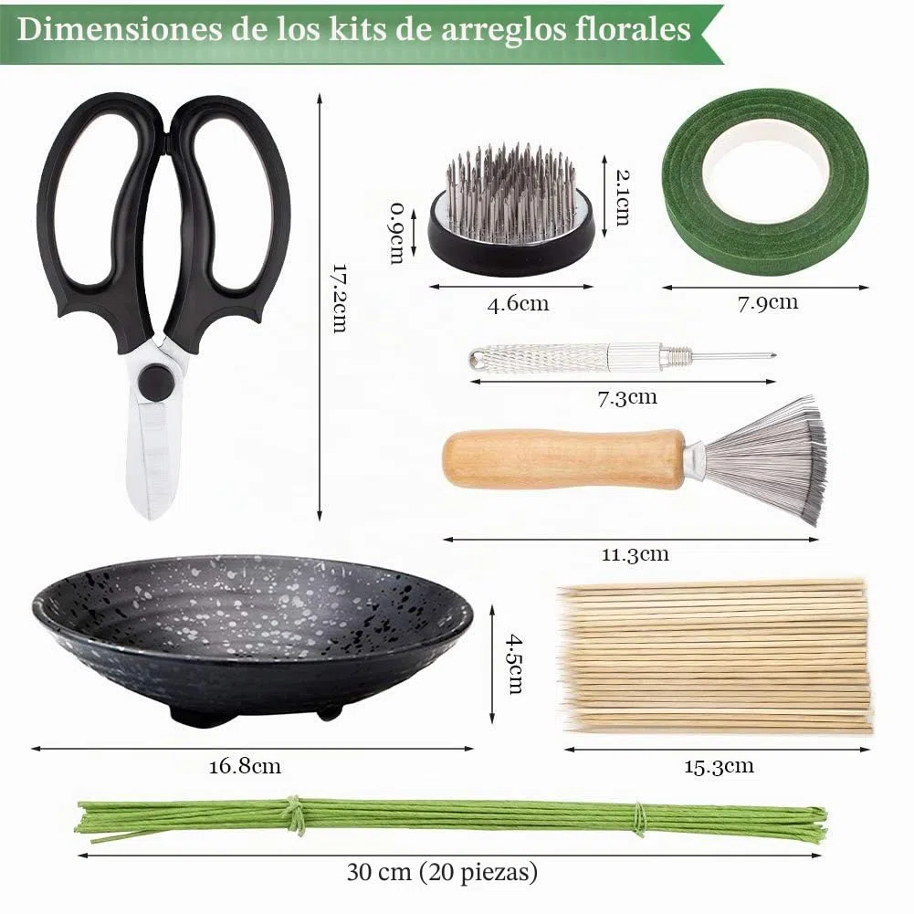 WANDIC Kit de arreglos Florales, Juego de 51, Soportes Redondos para Flores, Maceta de cerámica, Pin y rastrillo de Limpieza de Agujas Kenzan, Tallos Florales y Cinta Floral para Arte de arreglos