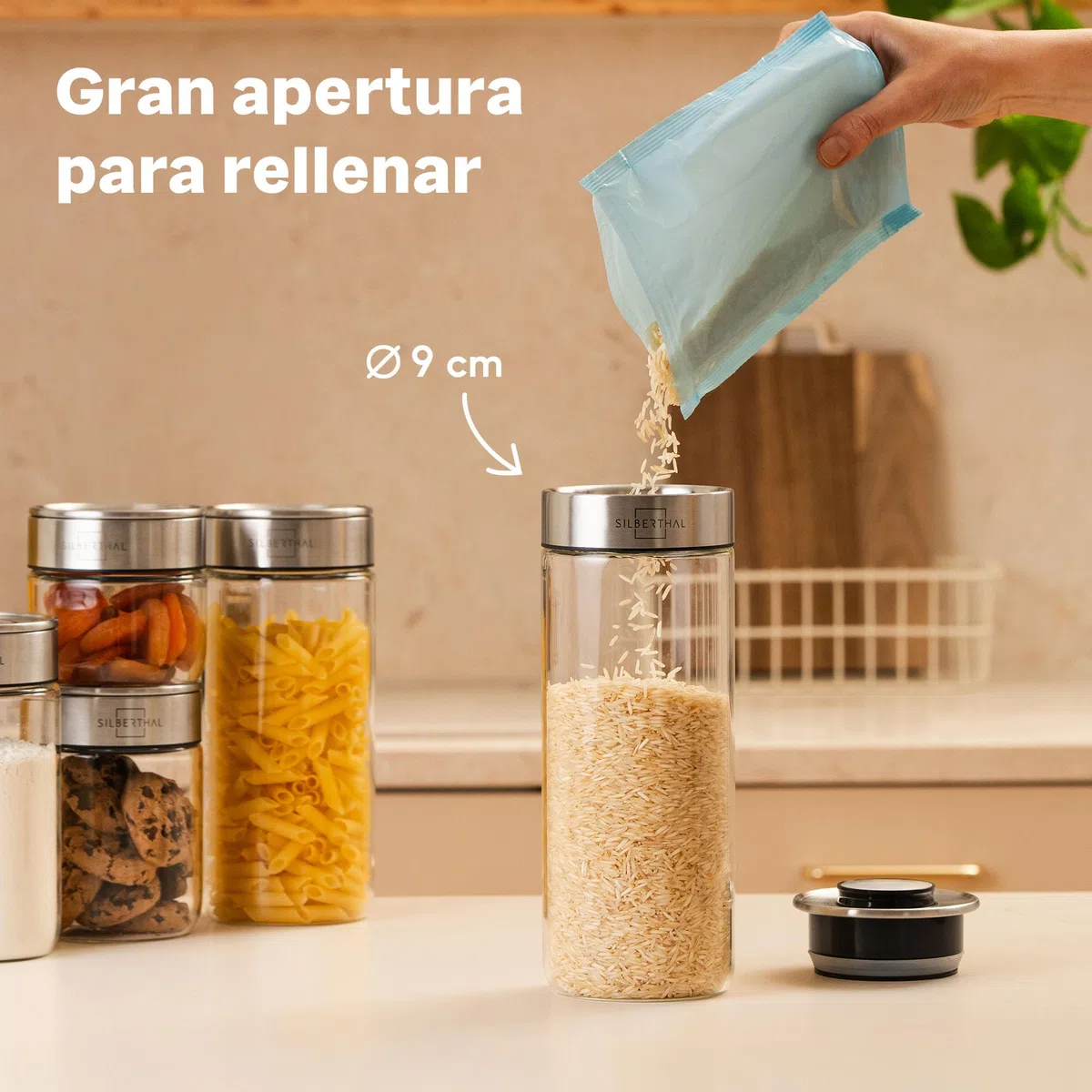 SILBERTHAL Set 6 Botes cocina almacenaje - Hermeticos y antipolillas - Vidrio y acero inoxidable - 1700ml 1500ml 1300ml 1000m 700ml y 400ml - Versión mejorada, ahora apilables - Tarros despensa