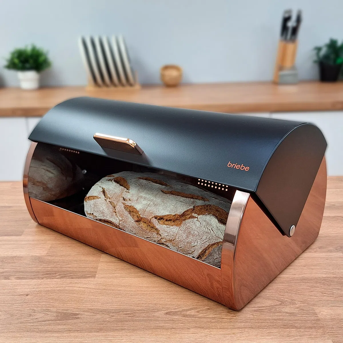 briebe Set Panera de Mesa + Juego de 3 Botes Cocina Almacenaje, Acero Inoxidable, Contenedor para Guardar Pan y Bollería, Tapa Deslizante, Diseño Moderno, Bread Box, Negro Mate/Oro Rosa