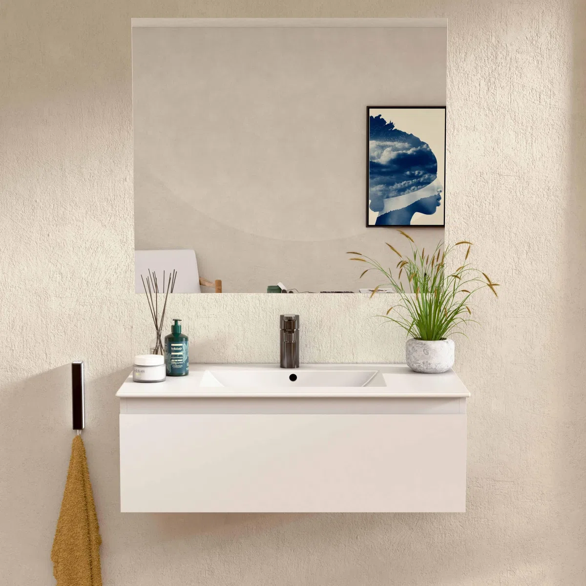 BELLOBATH Mueble Baño Suspendido 80 cm Blanco, Encimera y Espejo