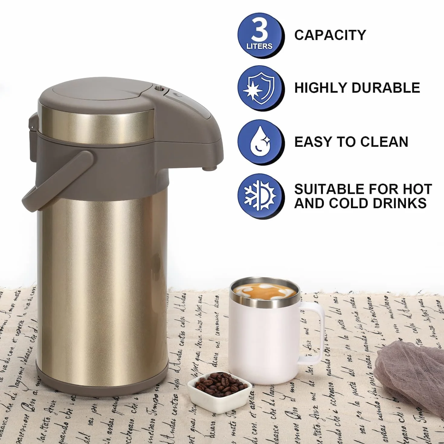 Jarras de bomba, termo dispensador de café, 4 litros, acero inoxidable de doble pared, jarra aislada al vacío con mecanismo de bomba, cafetera, jarra para 24 tazas (dorado)