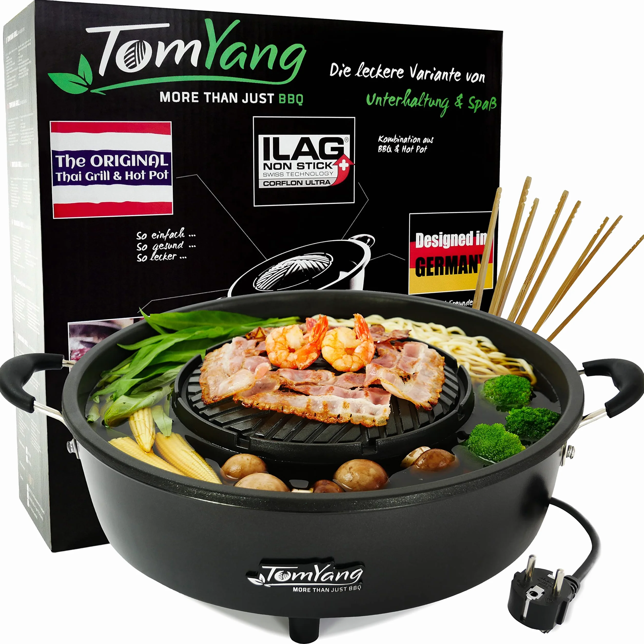 TomYang Hot Pot – El Original Thai Grill, diseñado en Alemania, recubrimiento antiadherente suizo, más de 100 videos tutoriales y recetas. Parrilla BBQ coreana, Hot Pot, Mookata Thai Hot Pot