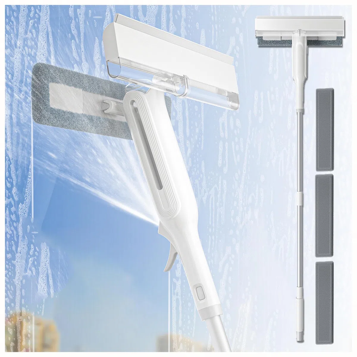 4 en 1 Spray Limpiacristales con Colector De Aguas Residuales Y 3 Paños Microfibra, Limpiacristales con Varilla De Extensión para Ventanas Altas Interior/Exterior