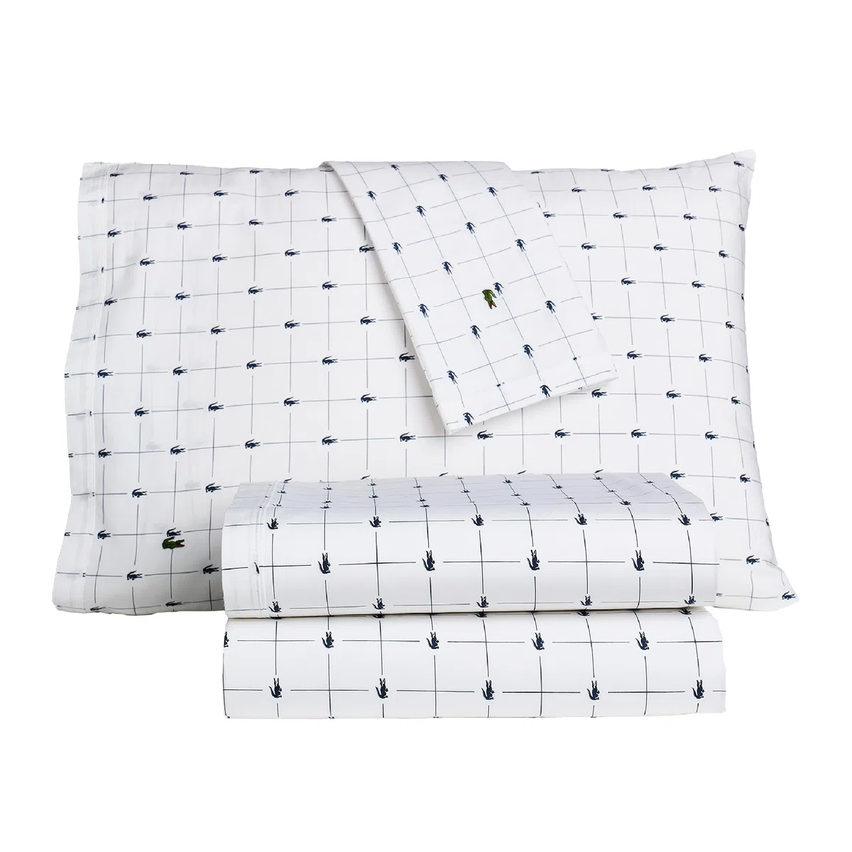 Lacoste Slice - Juego de sábanas de 4 Piezas de percal 100% algodón, Fresco, Fresco, Mate y Duradero, Certificado Oeko-Tex, Estampado, Azul Marino, tamaño Queen