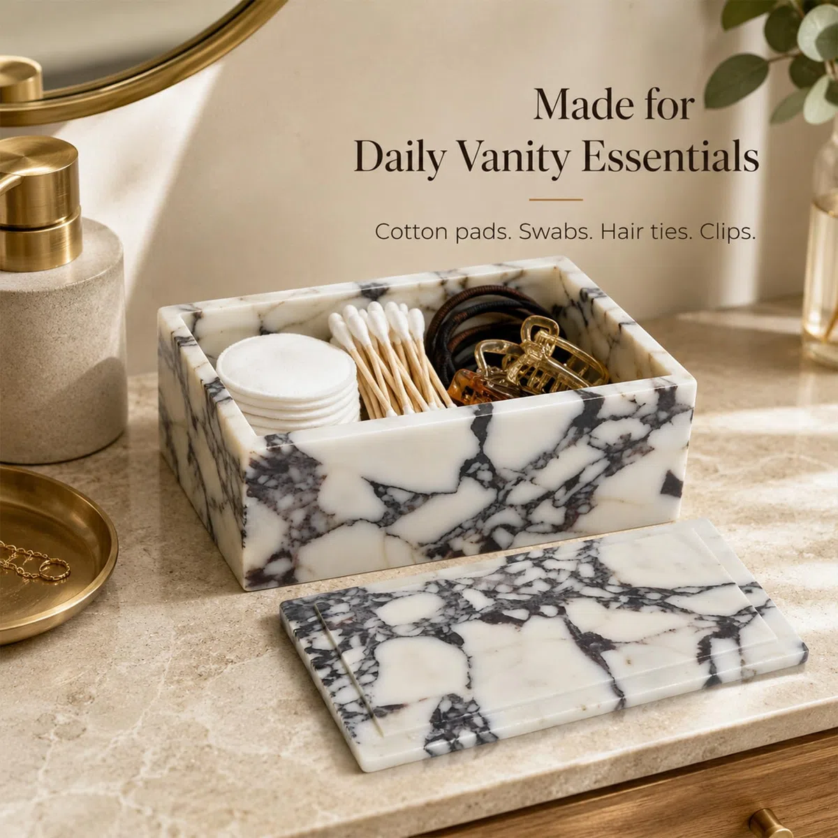 Caja de almacenamiento de mármol de lujo con tapa, patrón de venas blancas y moradas, organizador decorativo para brochas de maquillaje, joyas, accesorios de baño (rectangular)