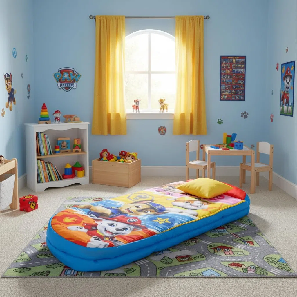 Character World Paw Patrol ReadyBed - Cama de Aire Inflable y Saco de Dormir para niños con Bomba | Skye, Marshall, Rubble and Chase Design | Colchón de Viaje para Fiestas de Pijamas y Camping o Uso