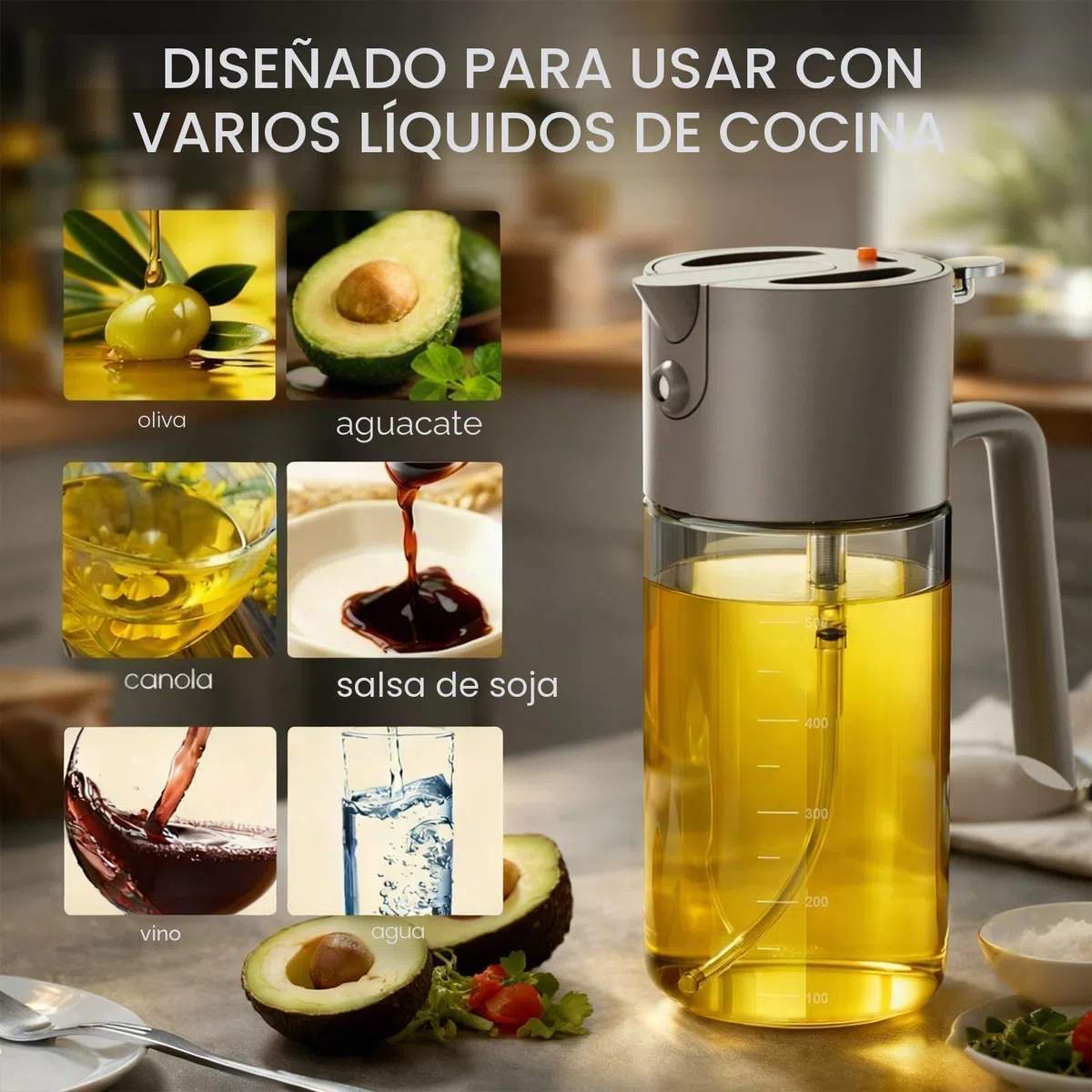 Costop Pulverizador profesional de aceite de vidrio de 500 ml, herramienta de cocina 3 en 1: niebla fina, flujo y vertido, diseño a prueba de fugas para freidora de aire, barbacoa y cocina, sin BPA