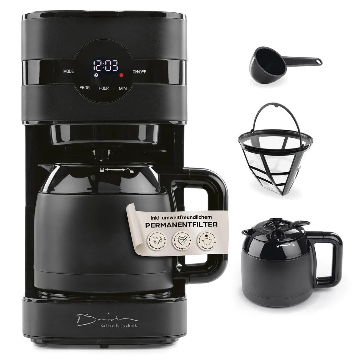 Barista Cafetera de filtro con jarra térmica, temporizador de 24 horas y filtro permanente, para 8 tazas de café, cafetera para polvo [negro]