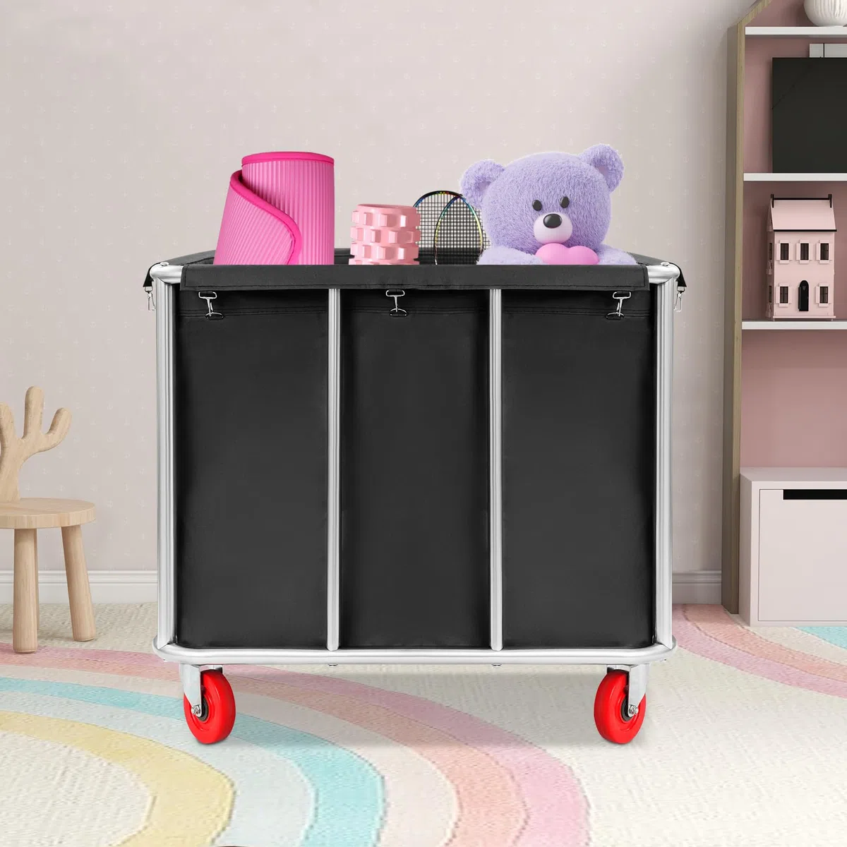 Carro para la colada, 90 x 65 x 80 cm, acero inoxidable, con ruedas, capacidad de carga de 200 kg, para hoteles, hospitales, lavandería (negro)