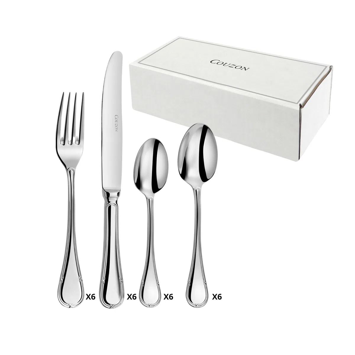 Couzon - Cubertería de 24 cubiertos de mesa para 6 personas, acero inoxidable 18/10, acabado espejo, grosor 3,5 mm, acero inoxidable