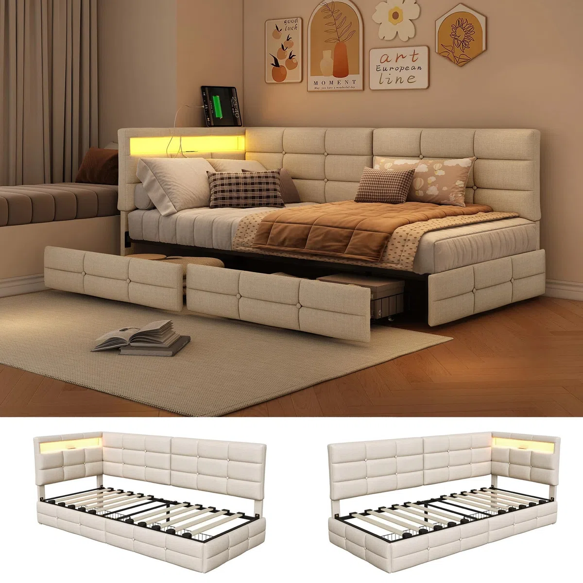 BRILVERDE Cama con almacenamiento de 90 x 200 cm con cajones, cama acolchada con luz LED/USB, sofá cama con cabecero contenedor, somier de láminas, lino (beige, 90 x 200 cm)