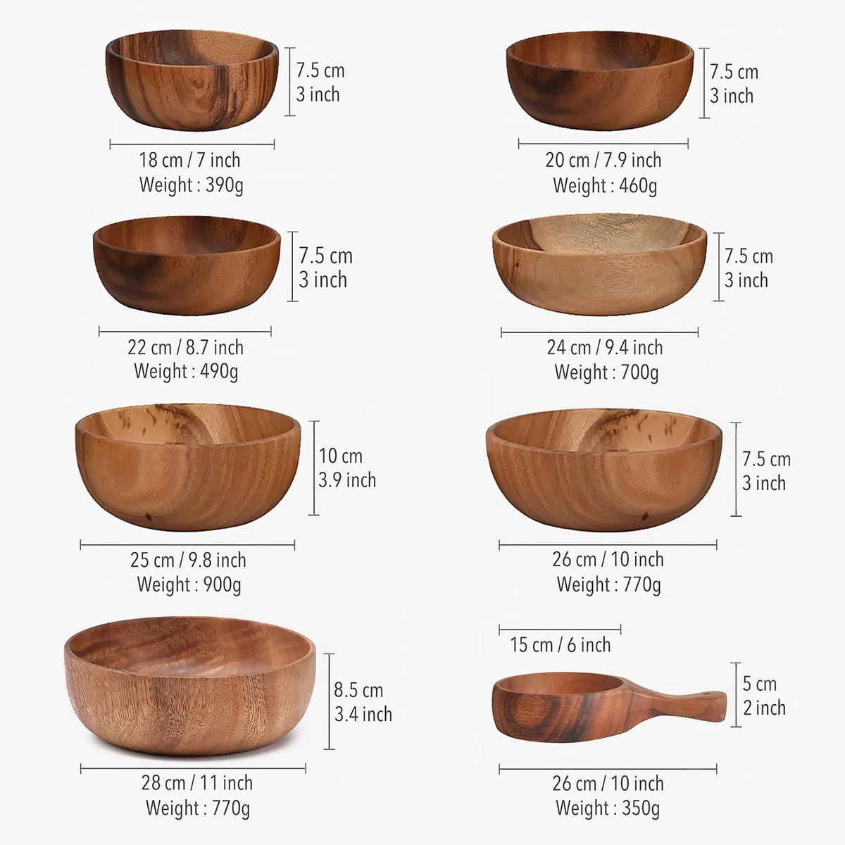 Ensaladera de madera de gran tamaño (20 cm x 7,5 cm), cuenco de madera de acacia hecho a mano, cuenco de madera maciza, cuencos de madera grandes para servir para ensaladas, frutas y cereales
