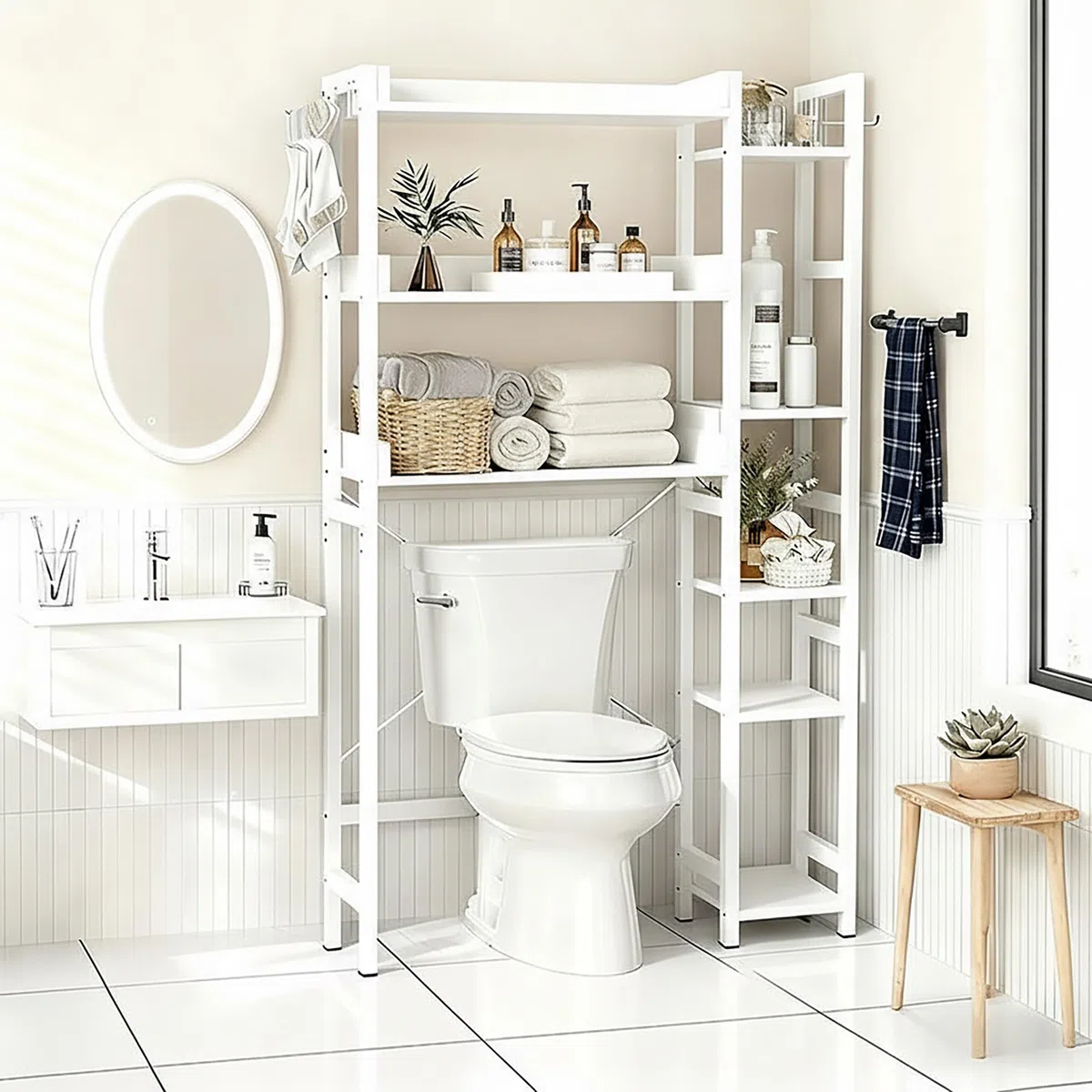 Estantería sobre el WC Relaxdays, 3 Niveles, Dimensiones: 161 x 80 x 24 cm, Metal y MDF, Blanco