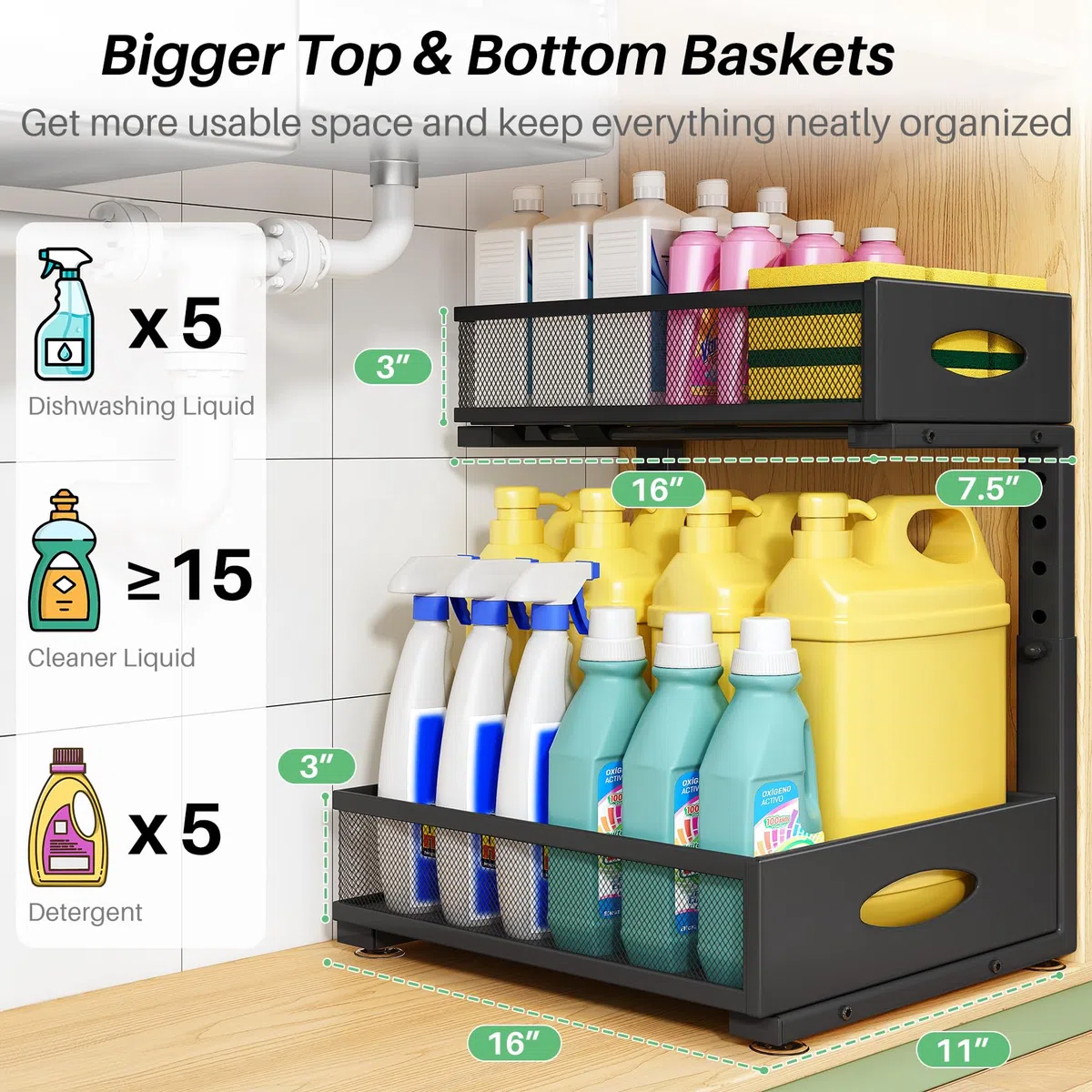 Kitstorack Organizador Bajo Fregadero Extraíble de 2 Niveles, Pack de 2, Cestas de Malla de Gran Capacidad, Estante Ajustable en Altura con Diseño en L para Cocina, Baño y Lavandería, Negro