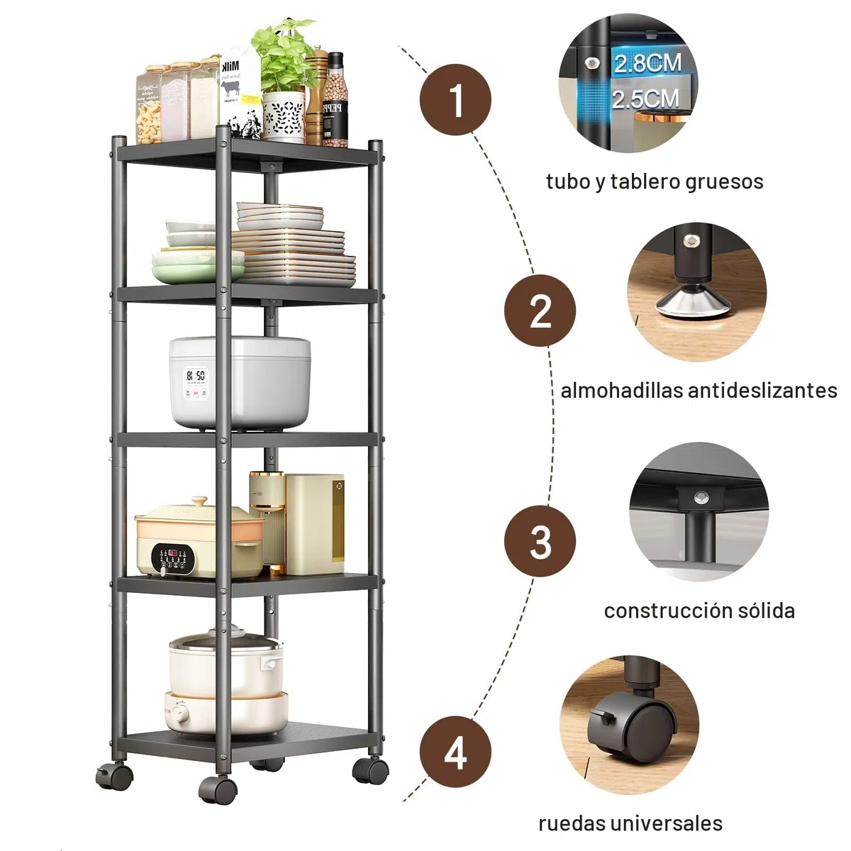 SAYZH Estanterias Almacenaje, Estantería de Metal Resistente de 5 Niveles, Estanteria Altura Ajustable Cocina con Ruedas y Patas Antideslizantes para Garaje, Cocina, Sala de Libros, Esquina, Negro