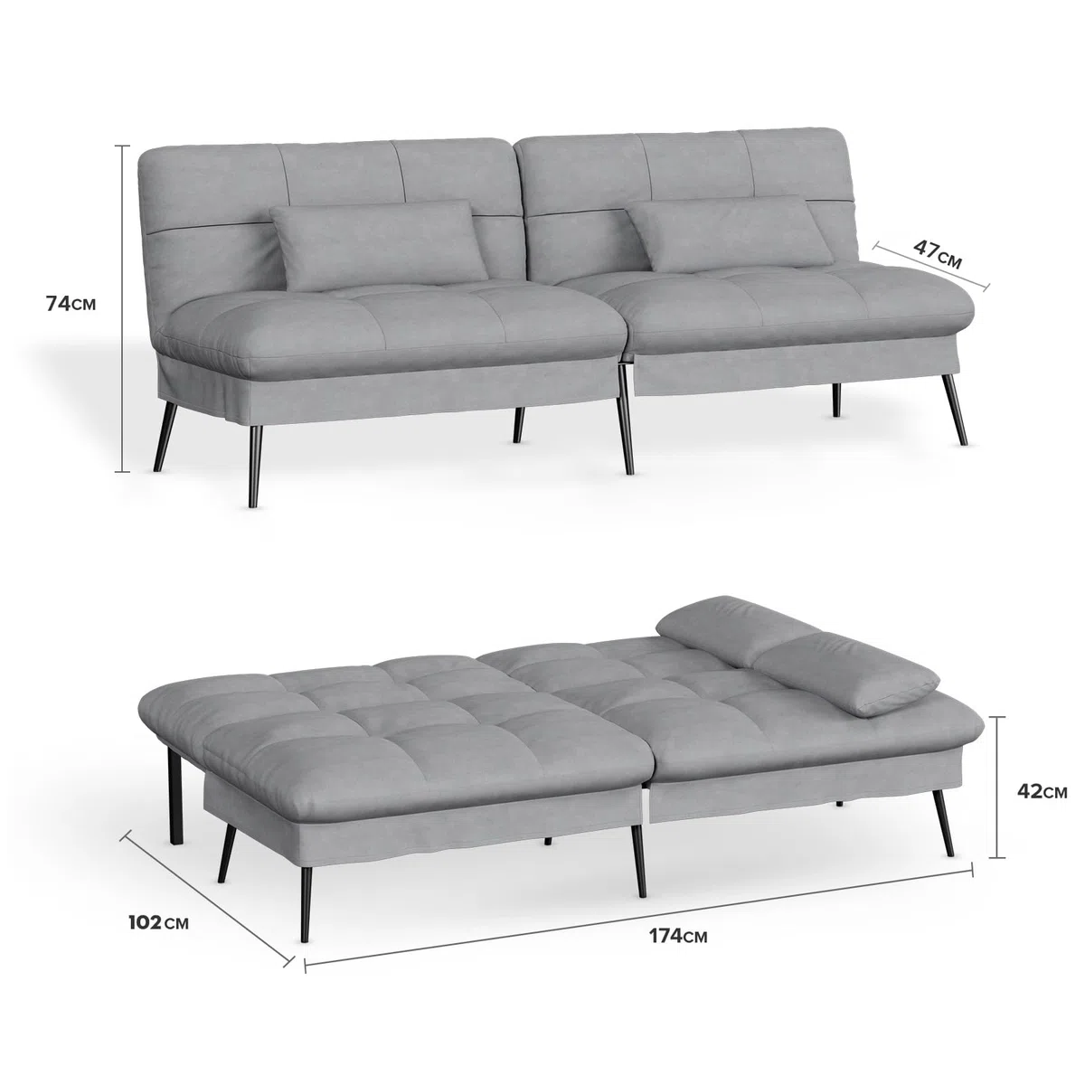 COMHOMA Sofá Cama con función de sueño, Funda de futón, sofá Cama, sofá esquinero, sofá Cama de Invitados, sofá de 3 plazas, con Respaldo Ajustable de Tela Gris